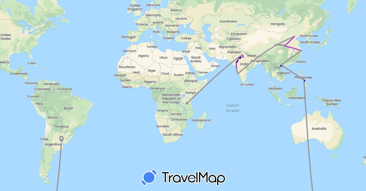 TravelMap itinerary: driving, plane, train in Argentina, China, India, Philippines, Tanzania, Vietnam (Africa, Asia, South America)